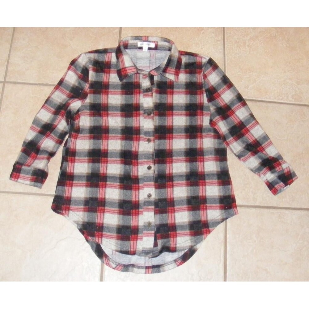 Gray Black & Red Plaid Sz Medium Soft Stretchy Button Up Shirt ROOMMATES